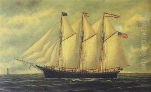 The Three-masted Schooner "lena Nelson" Of Jonesport, Maine With Boon Island And Mount Agamenticus by Solon Francis Montecello Badger