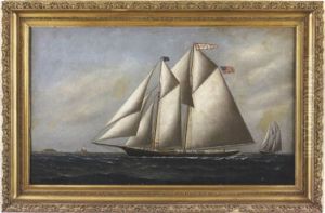 Ship Portrait Of The "m.p. Howlett" Under Full Sail Flying The American Flag, With A Lighthouse Off Her Bow And Another Ship Off Her Stern by Solon Francis Montecello Badger