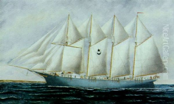 Four-masted American Schooner "jennie S. Butler" Nearing Shore - view 1