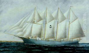 Four-masted American Schooner "jennie S. Butler" Nearing Shore by Solon Francis Montecello Badger