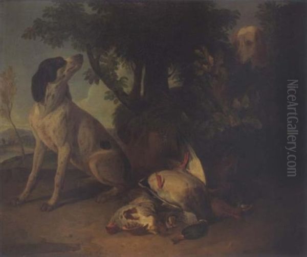 Chiens Devant Un Trophee De Chasse - view 1