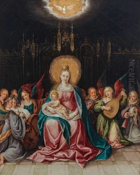The Virgin And Child Enthroned In A Gothic Interior, With Musical Angels - view 1