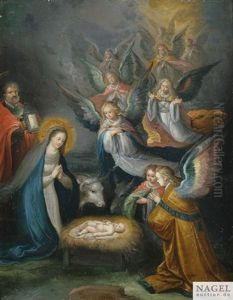 Die Heilige Familie Mit Engeln In Anbetung Des Kindes