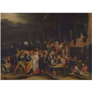 The Denial Of Saint Peter, Christ Led Before Caiaphas In The Background by Cornelis de Baellieur