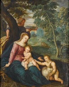 The Holy Family With Saint John The Baptist In A Landscape (+ The Virgin And Child Attended By Angels And The Holy Spirit, Various Sizes; Pair) by Cornelis de Baellieur