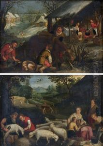 L'ete Ou La Tonte Des Moutons (+ L'hiver Ou Les Ramasseurs De Fagots; Pair) by Cornelis de Baellieur