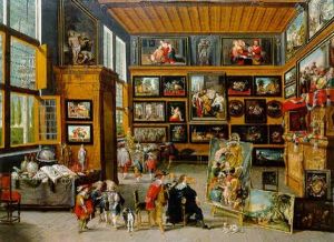 A Spacious Entrance Hall: The Walls Hung With Pictures, Collectors' Items On Tables, And An Artist Showing A Painting