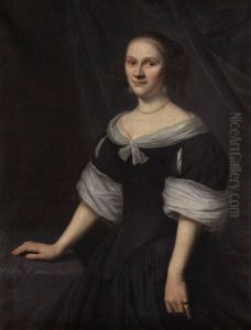 Portrait Of A Lady, Standing Three-quarter Length, Wearing A Black Dress And Pearls by Jan de Baen