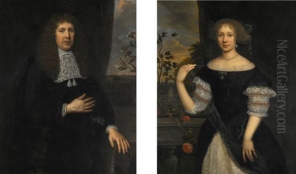 Portrait Of A Gentleman, Three-quarter-length, Wearing Black With A Lace Collar, A Landscape Beyond A Draped Curtain; Portrait Of A Lady, Three-quarter-length, Wearing A Black Dress With Lace, Pearl Earrings And Necklace, A Formal Garden Landscape Beyond - view 1