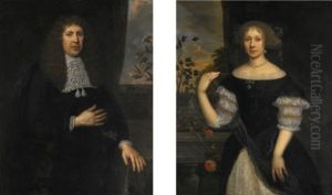 Portrait Of A Gentleman, Three-quarter-length, Wearing Black With A Lace Collar, A Landscape Beyond A Draped Curtain; Portrait Of A Lady, Three-quarter-length, Wearing A Black Dress With Lace, Pearl Earrings And Necklace, A Formal Garden Landscape Beyond by Jan de Baen