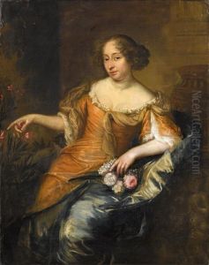 Portrait Of A Lady Holding A Wreath Of Flowers In One Of Her Hands by Jan de Baen