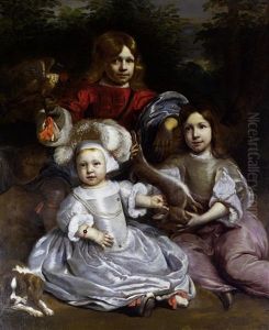 Portrait Of A Young Boy With A Falcon Standing Beside A Young Girl And A Younger Boy Holding A Hare, Both Seated In A Landscape
