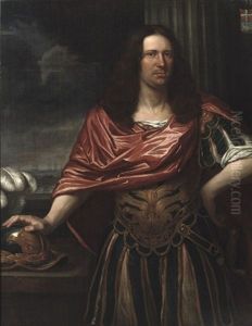 Portrait Of Engel De Ruyter, Three-quarter-length, Dressed As A Roman General In An Antique Costume With A Red Wrap, Standing Before A Curtain, His Right Hand Resting On His Helmet, A Seascape Beyond by Jan de Baen