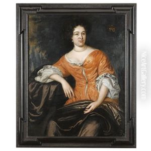 A Portrait Of A Lady, Seated, Wearing A Red Dress With A Brown Cloak And Pearl Jewellery