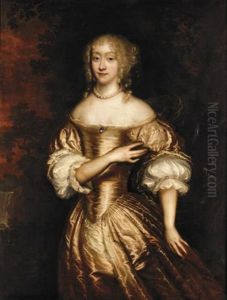 Portrait Of A Gentleman Wearing Brown And Holding A Musket With His Hound Beside Him (+ Portrait Of His Wife Wearing A Gold Dress; Pair) by Jan de Baen