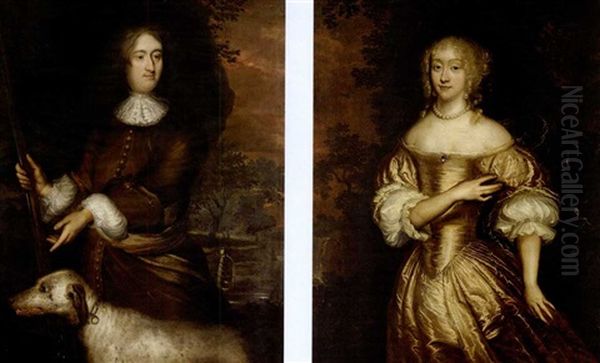 Portrait Of A Gentleman Wearing Brown And Holding A Musket With His Hound Beside Him (+ Portrait Of His Wife Wearing A Gold Dress; Pair) - view 1