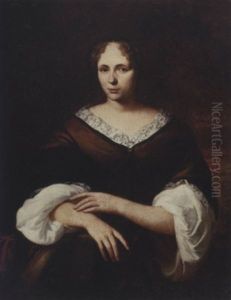 Portrait Of A Lady Wearing A Brown Silk Dress With A Lace Collar And A White Chemise, A Garden Beyond