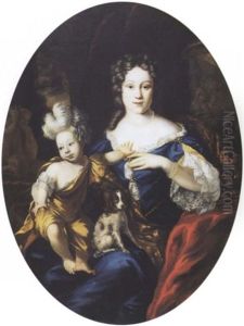 Dame De Qualite Assise, Son Enfant Et Son Petit Chien Sur Les Genoux by Jan de Baen