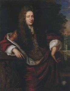 Portrait Of Jan Van Der Haer In A Gold Brocade Coat With A Red Cape, Leaning Against A Pedestal, A Garden Beyond by Jan de Baen