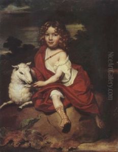 Portrait Of Young Boy With A Sheep, On A Rock, A Wooded Landscape Beyond by Jan de Baen