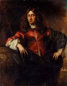 Portrait Of A Gentleman In A Red Silk Coat And Dark Blue Cloak, Leaning Against A Fountain, In An Ornamental Garden