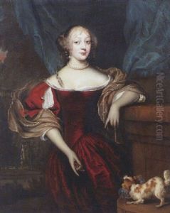 Portrait Of A Lady Wearing A Decollete Red Dress, Lace Chemise, Brocade Wrap And Pearls, With Her Right Hand Pointing To Her Dog
