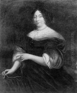 Portrait Of A Lady On A Balcony Wearing A Brown Silk Dress With Lace Chemise And Pearl Necklace, Earrings And Headdress, Holding A String Of Pearls