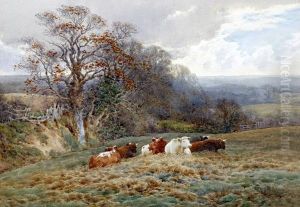 Autumn Landscape With Horse, Cart And Sheep On A Stone Bridge, And Another Of Cattle Seated Before A Landscape by Charles James Adams