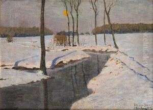 2 Olbilder Mit Ubereinstimmendem Motiv (fluslandschaft) Bei Verschiedenen Lichtverhaltnissen by Fritz Baer