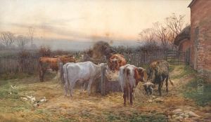 Feeding The Cattle At Sunset by Charles James Adams
