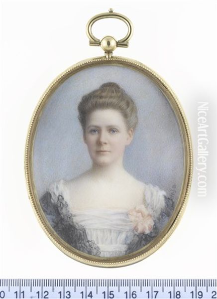 A Lady, Wearing White Dress, Black Lace Stole And Pink Sash Corsage, Her Hair Upswept - view 1