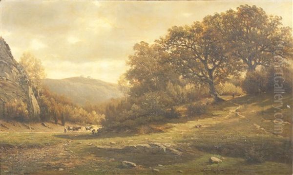 An Extensive Wooded Landscape With A Figure And Cattle On A Path - view 1