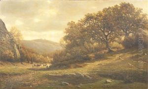 An Extensive Wooded Landscape With A Figure And Cattle On A Path by Felix de Baerdemaeker