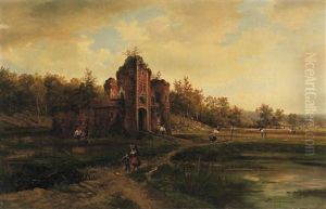 Flusslandschaft Mit Burgruine Und Figurenstaffage (mittig Ein Selbstportrat?) by Felix de Baerdemaeker