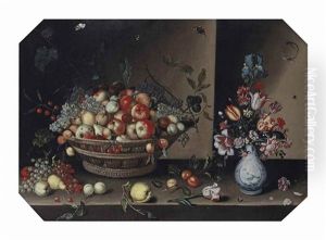 Fruit In A Basket And Flowers In A Delft Porcelain Vase, On A Ledge by Johannes Baers