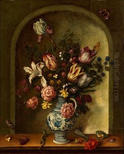 Blumenstillleben In Gemalter Mauernische by Johannes Baers