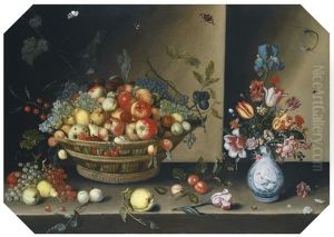 Still Life Of Apples, Pears, Peaches And Plums With Grapes And Walnuts In A Wicker Basket, Together With Flowers, Including Tulips, Irises And Carnations In A Blue And White Vase Upon A Table Top by Johannes Baers