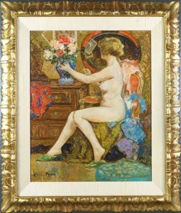 Jeune Femme Nue Arrangeant Un Bouquet by Emile Baes