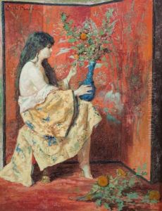 Femme A Moitie Nue Avec Vase De Fleurs Devant Un Paravent Japonais