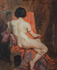 Nu, Vu De Dos, Se Regardant Dans Le Miroir by Emile Baes
