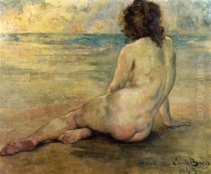 Femme Nue De Dos Assise Sur La Plage by Emile Baes