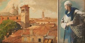 Venise Et Jeune Femme A L"echarpe Bleue (2 Works) by Firmin Baes