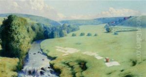 Laundry Drying By A River With Figures Harvesting Beyond, In A Sunlit Pastoral Landscape by Firmin Baes