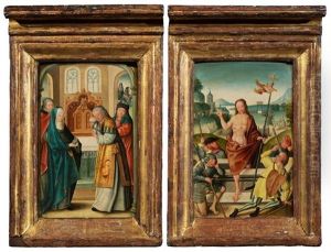 Two Panels From An Alterpiece Depicting The Life Of Christ: Presentation In The Temple And The Resurrection Of Christ by Jan (the Master of Cappenberg) Bagaert