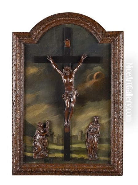 Christ En Bois Dans Un Decor Peint Sur Panneau De Bois, Le Cadre En Bois Sculpte De Rinceaux, Fleurettes Et Feuilles De Lauriers (attributed To The Workshop) - view 1