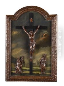 Christ En Bois Dans Un Decor Peint Sur Panneau De Bois, Le Cadre En Bois Sculpte De Rinceaux, Fleurettes Et Feuilles De Lauriers (attributed To The Workshop) Christ En Bois Dans Un Decor Peint Sur Panneau De Bois, Le Cadre En Bois Sculpte De Rinceaux, Fleurettes Et Feuilles De Lauriers (attributed To The Workshop)
