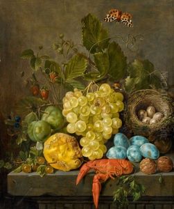 Crab, Insects And A Bird's Nest On A Stone Table