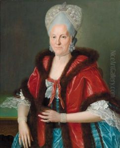 Bildnis Einer Dame In Blauem Seidenkleid, Rotem, Pelzverbramten Mantel, Mit Ohrgehangen Und Kollier Aus Brillanten, Perlenarmbandern Und Einer Kostbar Gestickten, Mit Brillanten Besetzen Haube