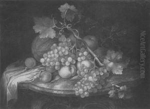 Fruchtestilleben Mit Trauben Und Weinlaub Uber Melone, Apfeln, Pfirsichen Und Aprikosen Auf Einem Marmortisch by Johann Daniel Bager
