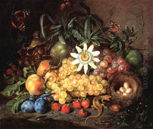 Fruchtstilleben Mit Vogelnest, Eidechse Und Schmetterling